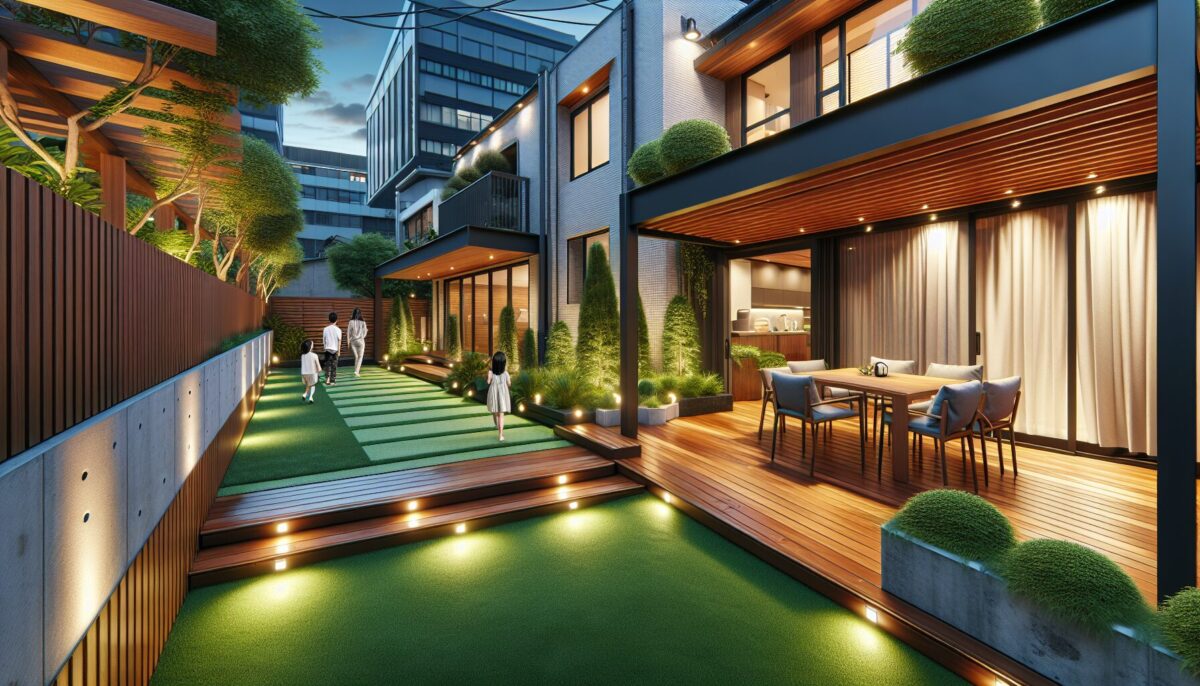 Family-friendly backyard featuring a resin wood deck and artificial turf with outdoor lighting