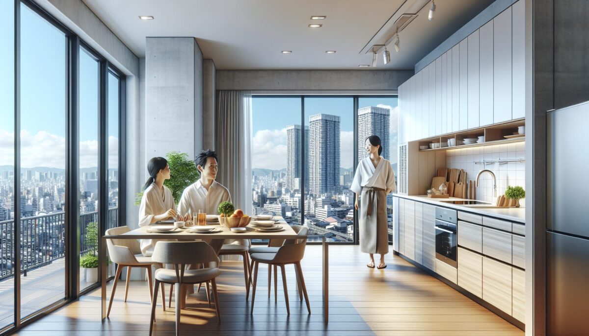 Modern kitchen renovation in Osaka apartment with city view