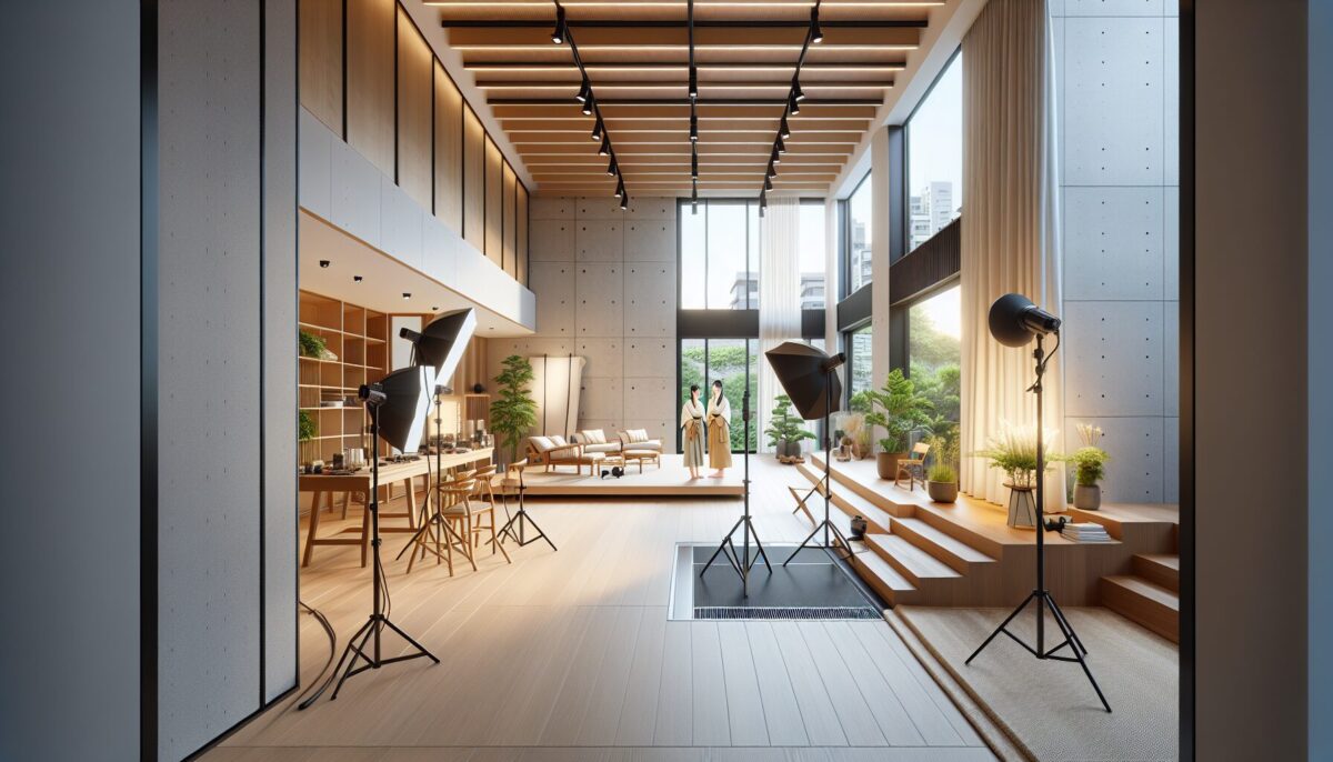 Spacious photo studio interior with high ceilings, professional lighting rig, and a dedicated makeup area