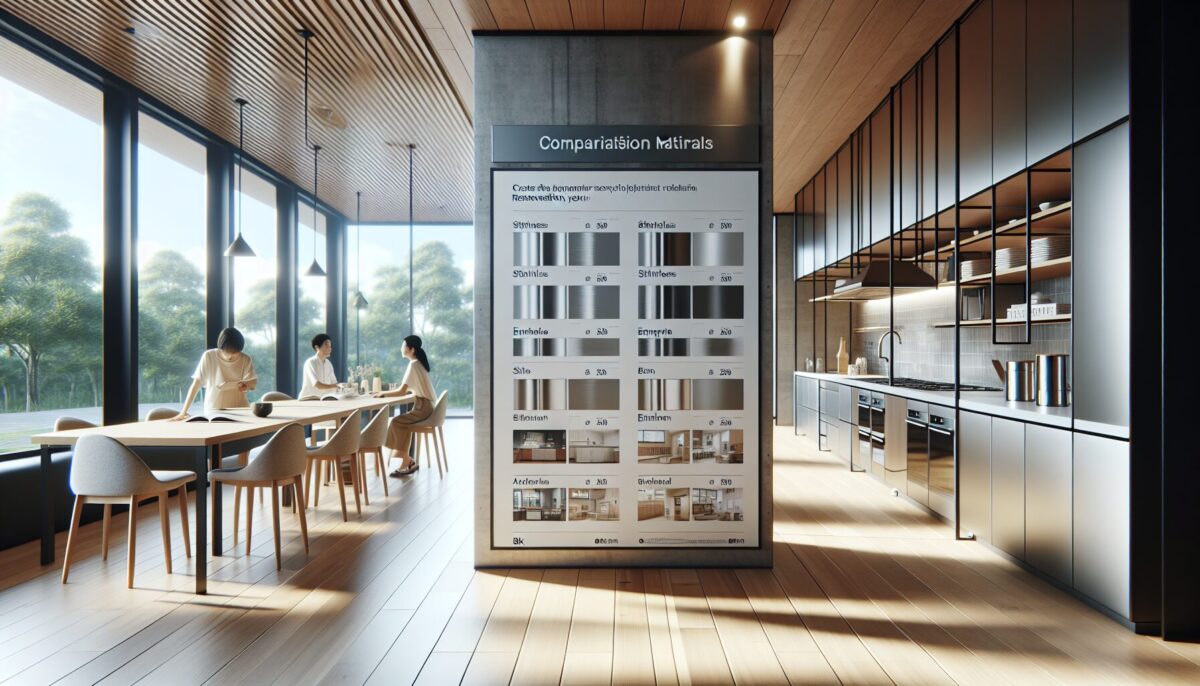 Comparison chart of kitchen materials like stainless steel and enamel in a showroom